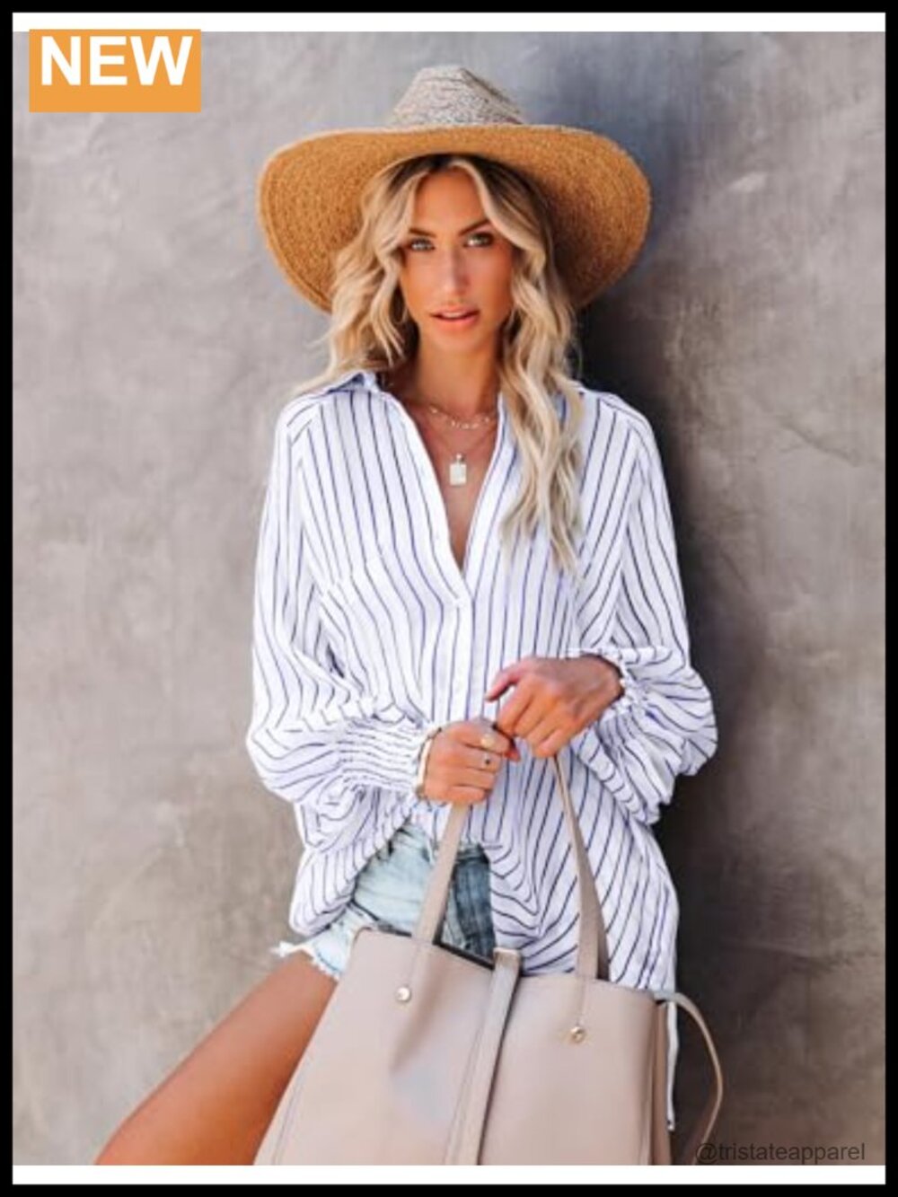 Women's Cotton Blend Striped Button Down Shirt Long Sleeve V Neck Blouse - Picture 4 of 6